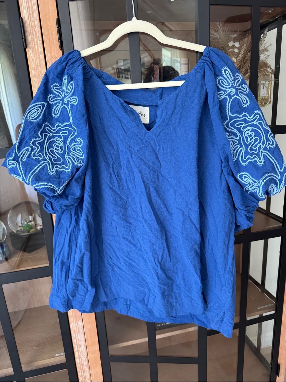 Umgee embroidered blouse cobalt blue textured floral short sleeve puff plus